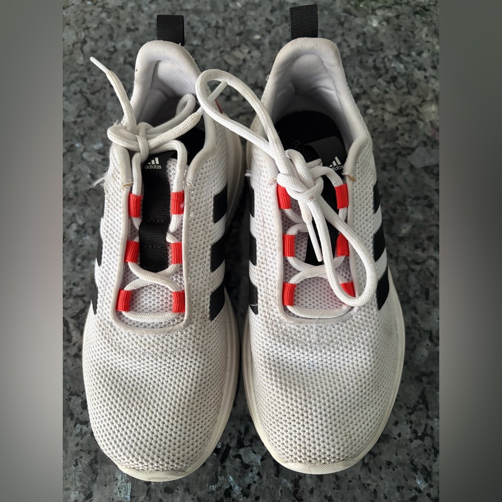 Adidas Kids White Sneakers with Black Stripes and Red Accents